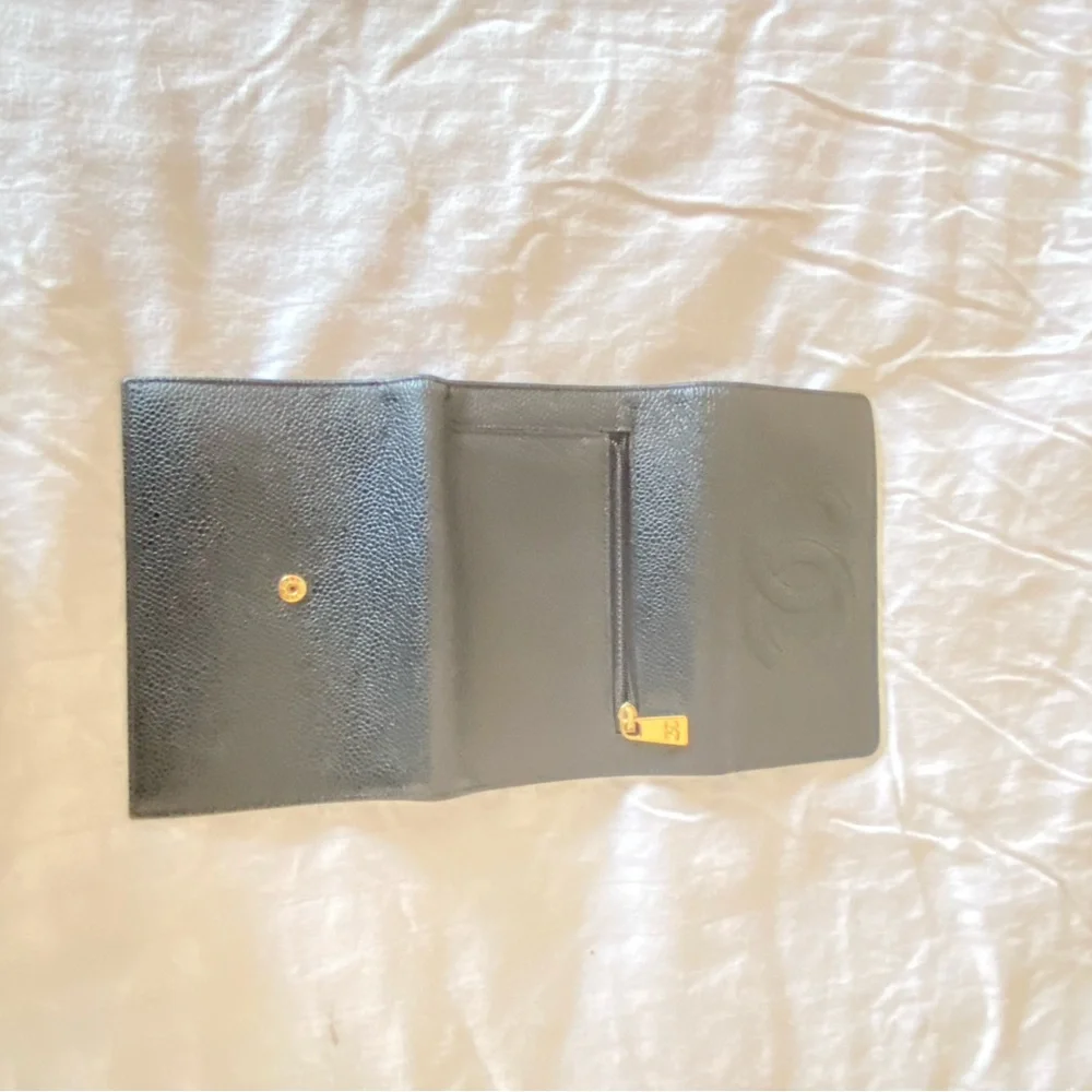 CHANEL Caviar Skin Tri-Fold Wallet Flap Wallet Black